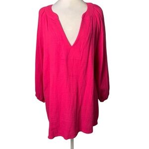 NWT Indigo Soul Women’s 2XL Bright Pink Magenta V-Neck Slub Cotton Blouse Top